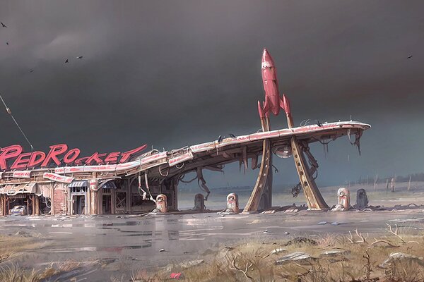 Drawing of a gas station in the post-apocalypse style