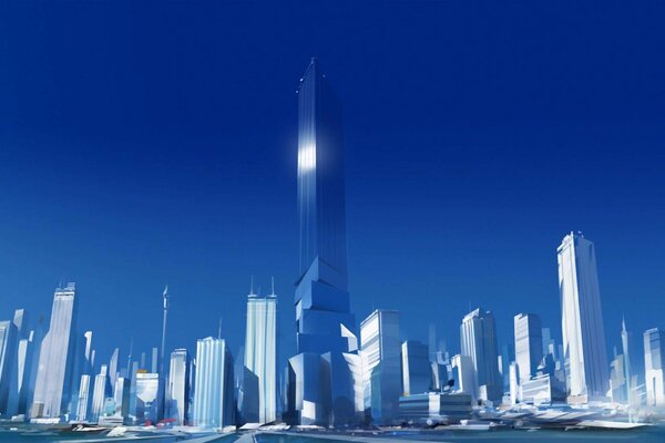 Tall white skyscrapers on a blue background