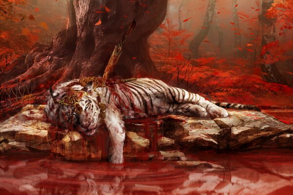 A wounded tiger by a lake in the jungle