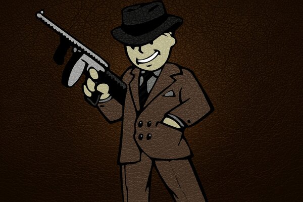 A boy in a suit with a gun and a hat