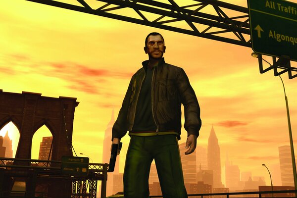 Il personaggio principale del gioco GTA4 nessuno Bellich sullo sfondo della città di Liberty City