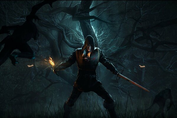 Caccia selvaggia terza parte di The Witcher con torcia e spada