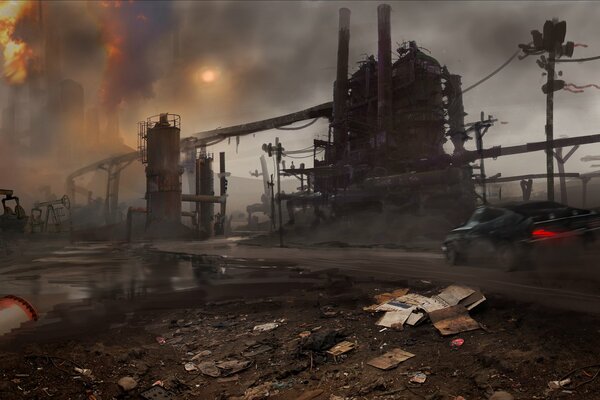 Stara opuszczona fabryka i dym z rur