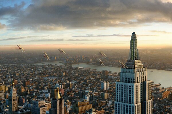 Planes fly around a building in New York