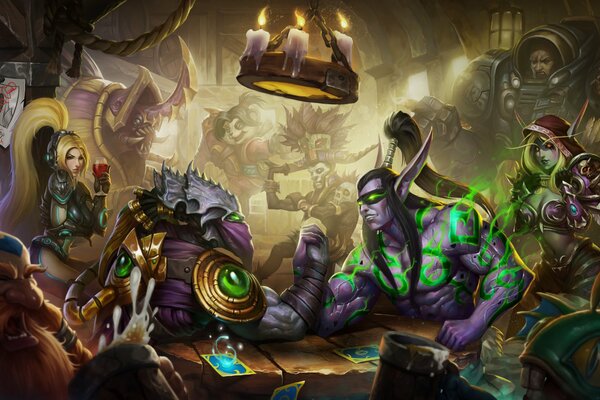 Different heroes of the storm are sitting at the table , drinking wine , playing cards and other games