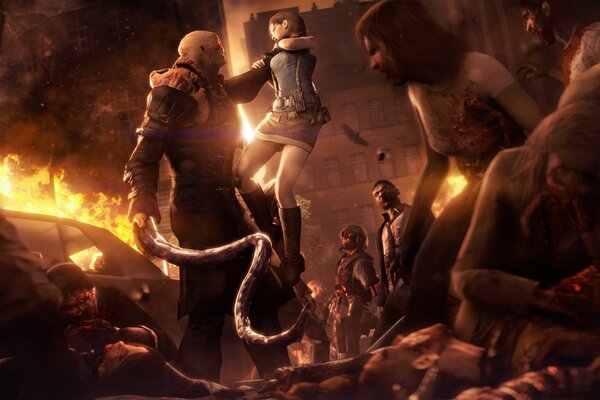 Kadr z filmu Resident Evil gdzie potwór podniósł dziewczynę i trzyma za szyję