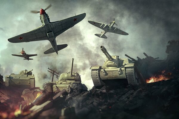 Image of military action with planes and tanks