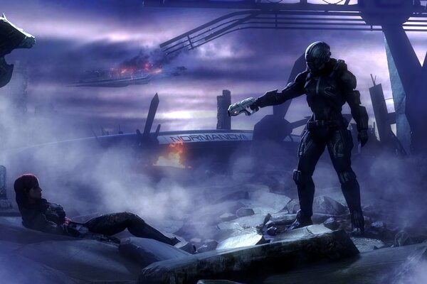 Soldier on the runes of the mass effect spaceship