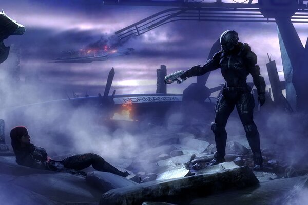 Soldat sur les runes du vaisseau spatial mass effect