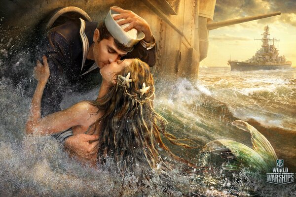 The kiss of a mermaid and a sailor on a warship