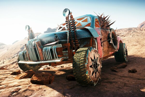 A post-apocalyptic car in the American desert