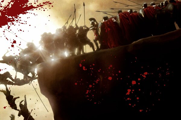 300 Spartaner im Kampf. Menschen fallen nach unten