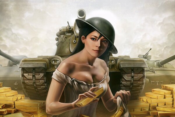Il mondo dei carri armati. disegno di una ragazza in un casco su uno sfondo di un carro armato e lingotti d oro