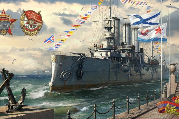 Art avec un navire de guerre près de la jetée et les mouettes sur le fond