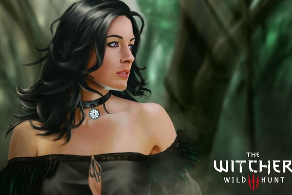 The Witcher 3. yennefer di vengerberg. caccia selvaggia. ragazza bruna nel bosco