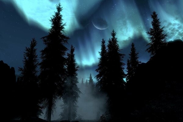 Skyrim. notte. aurora polare. stregoneria