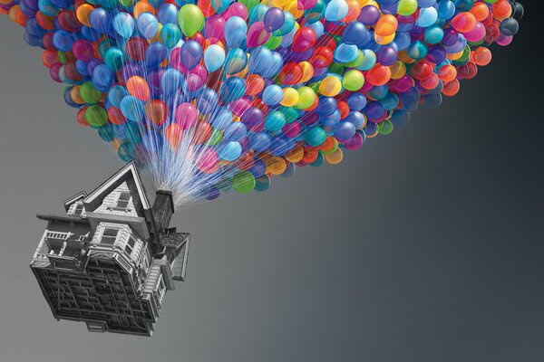 A house flying up on balloons