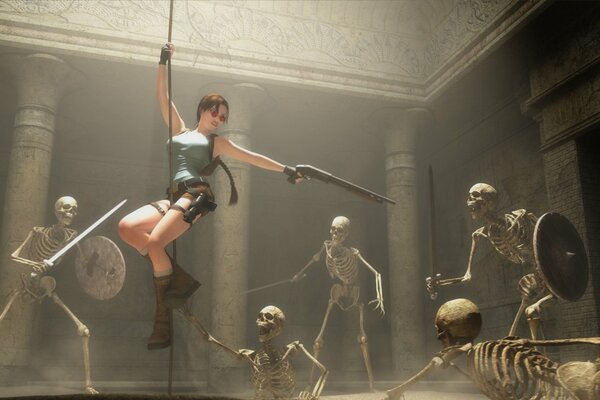 Lara Croft with a shotgun against skeletons