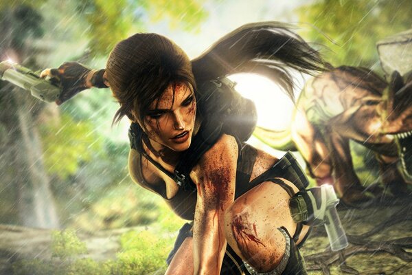 Lara Croft runs away from a dinosaur