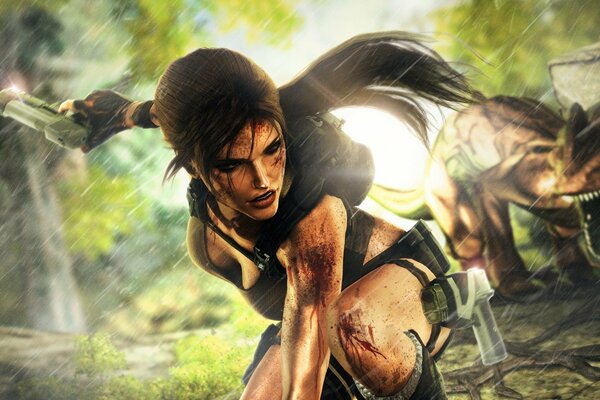 Lara Croft huye de un dinosaurio