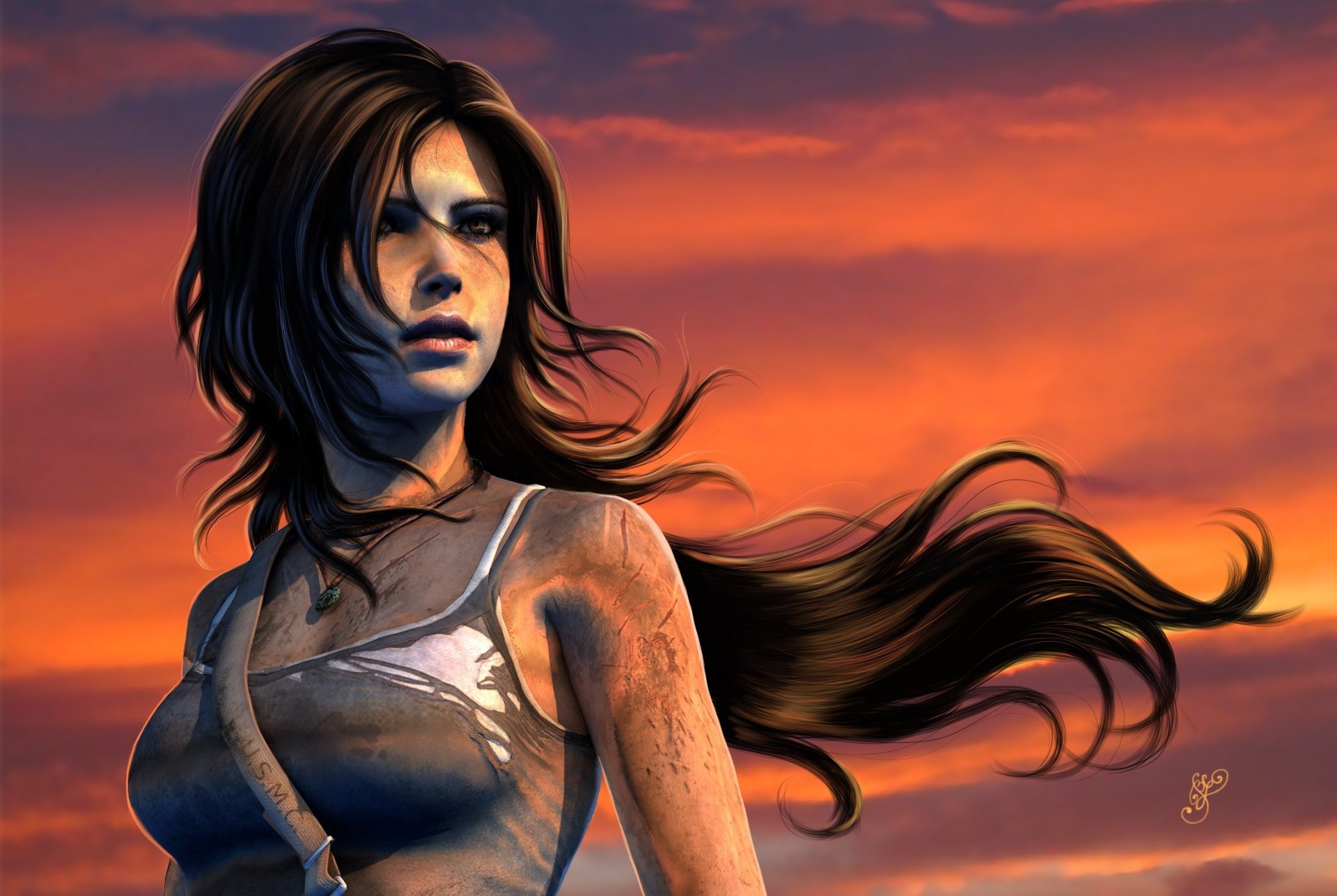 juego arte lara croft tomb raider cara barro mirada pelo camiseta cielo puesta de sol