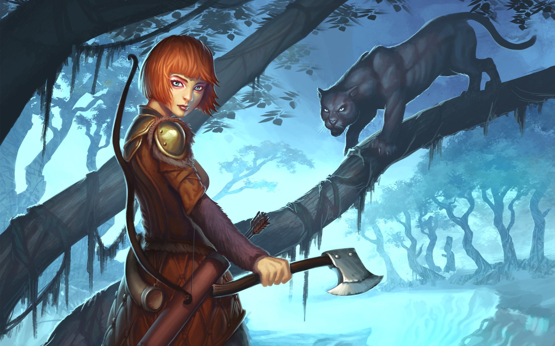 arte guild wars 2 ranger ragazza arma pantera albero gatto