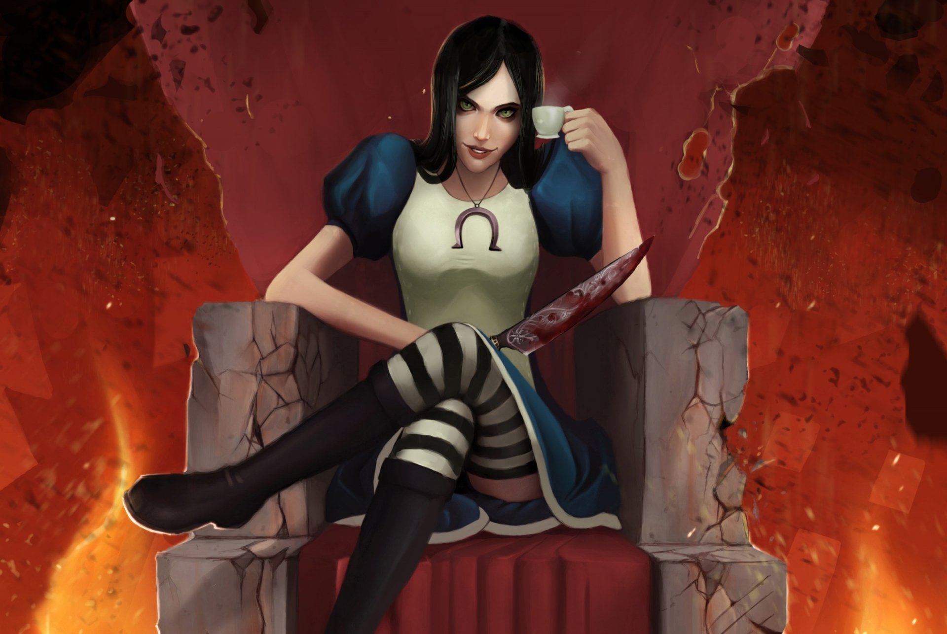 art alice madness girl the throne of the crack sitting mug tea knife blood