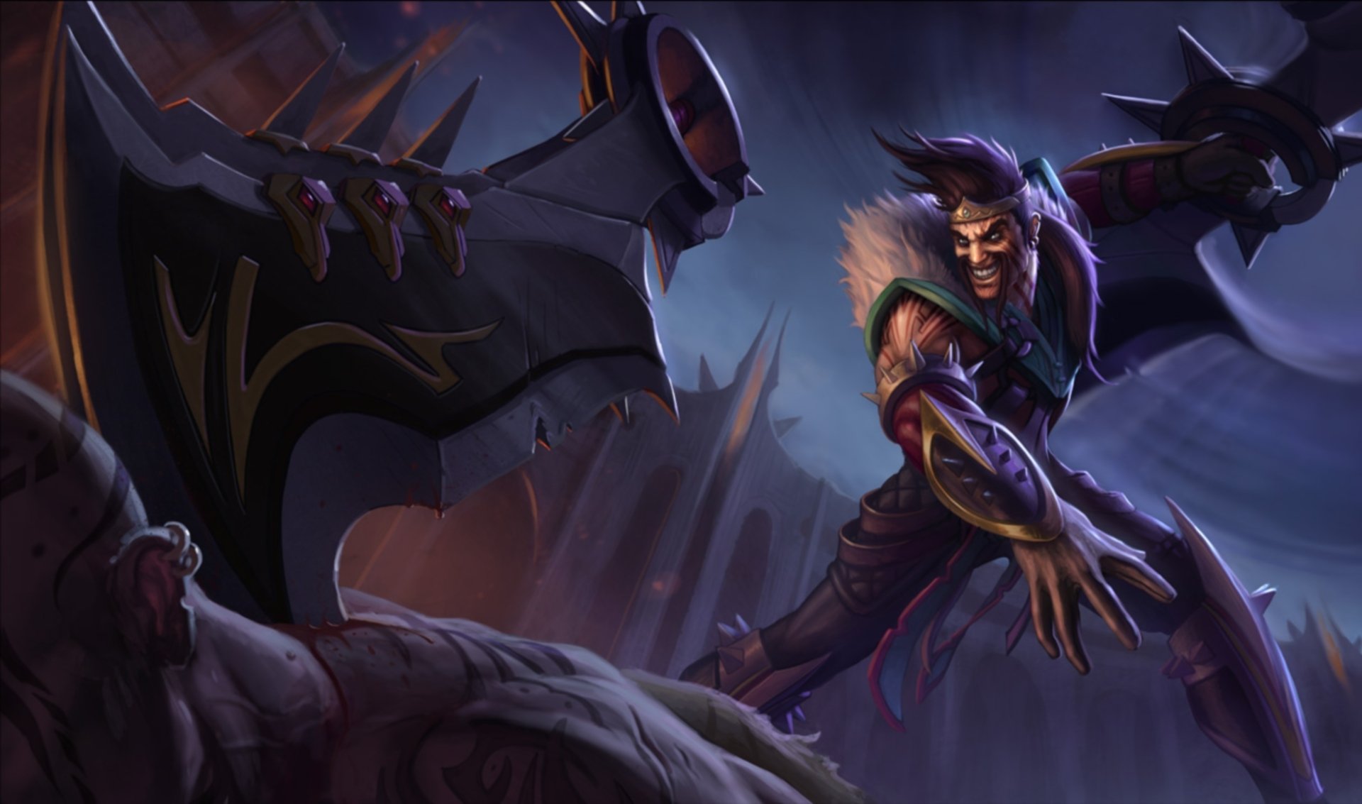 lol league of legends axt rüstung furchterregendes gesicht männlich noxianer noxus kampf leiche lachen wände himmel blut macht draven glorreicher henker enthüllt entzückender henker draven