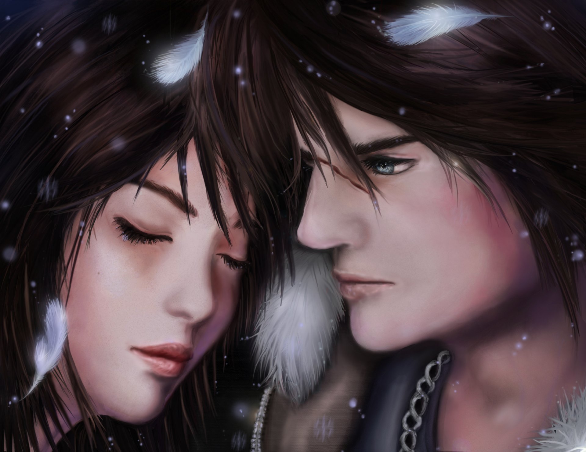 final fantasy viii squall rinoa guy girl face eyes closed feather