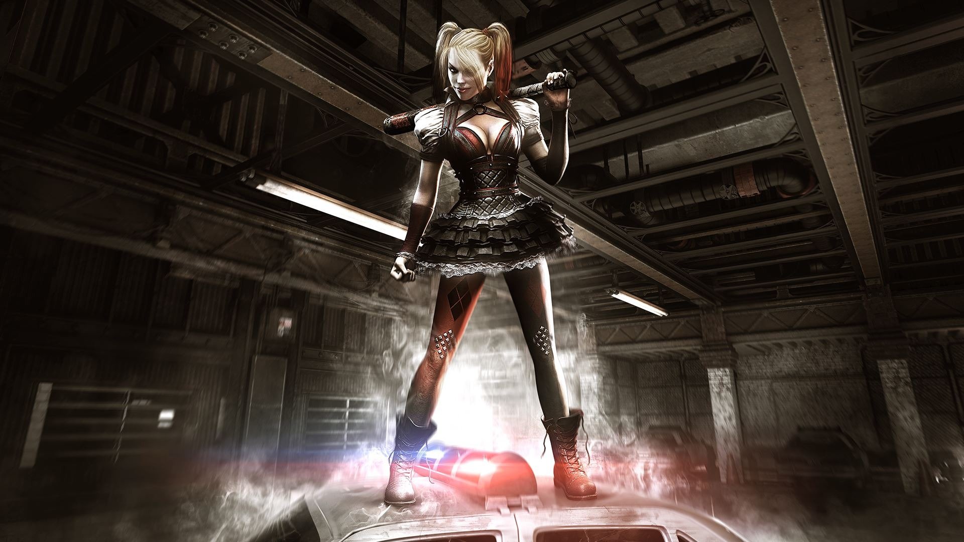 batman: arkham knight chica villana harley quinn bate coche casa luces humo luces intermitentes medias vestido sonrisa rocksteady studios warner bros. interactive entertainment