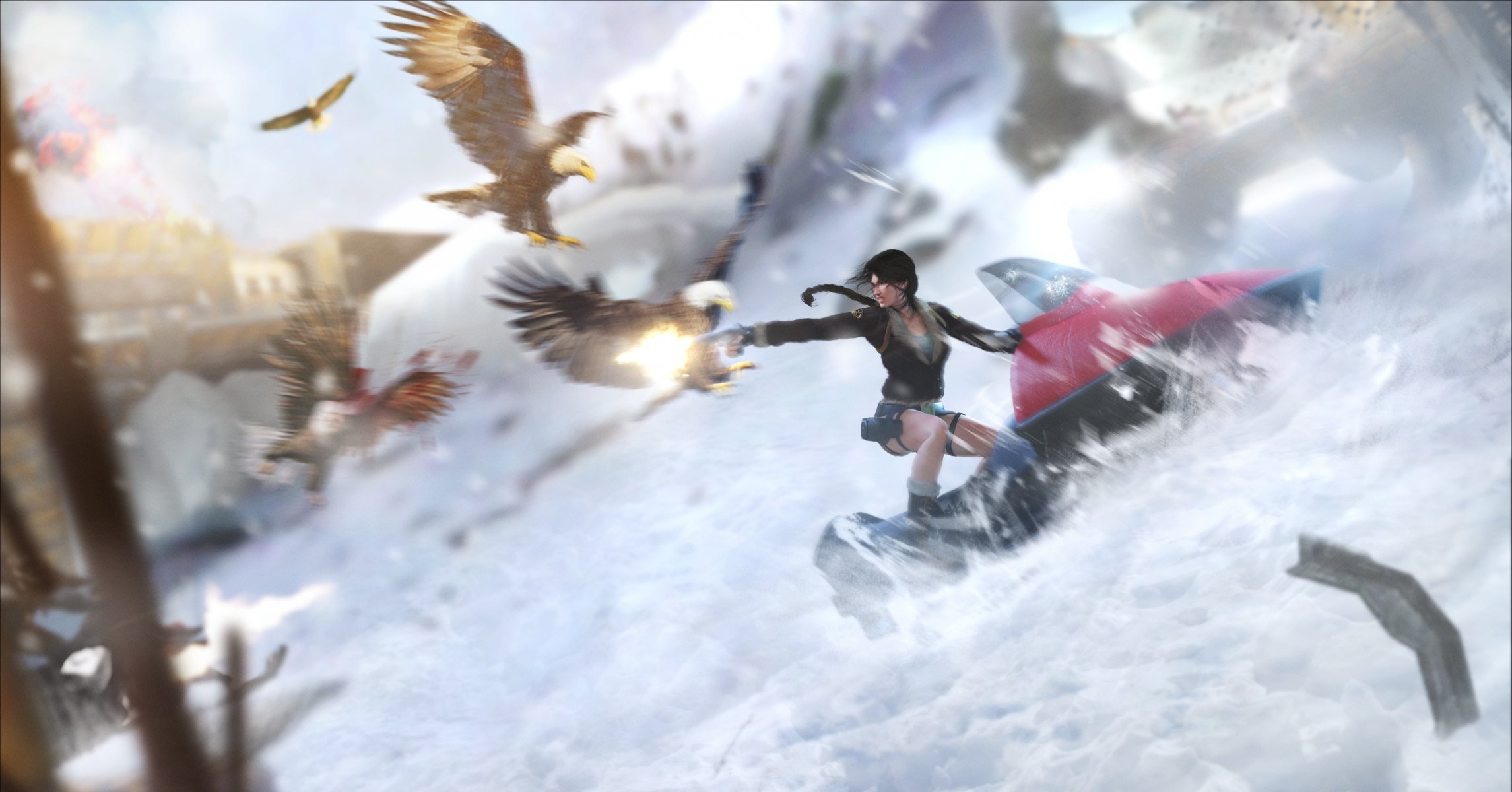 lara croft tomb raider schnee tibet vögel adler mädchen schneemobil