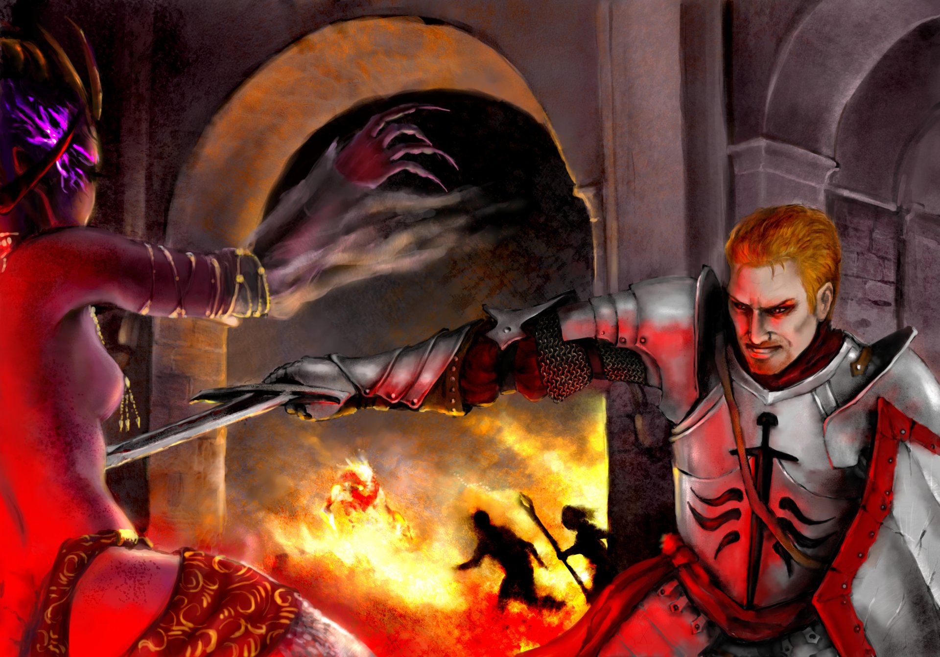 art dragon age origine alistair bataille guerrier tour démon démonesse feu