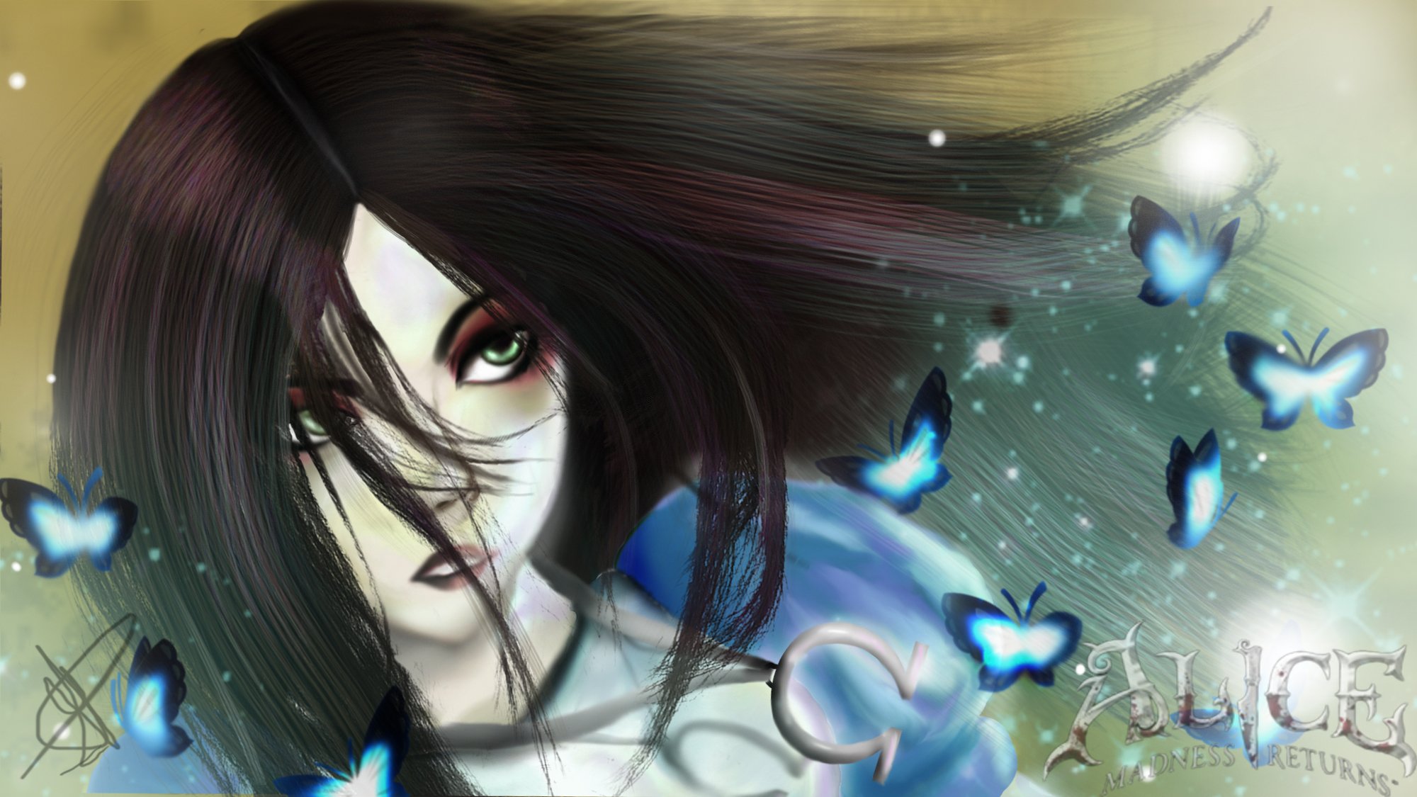 alice: madness returns juego arte cara mirada ojos verdes pelo vestido azul mariposas