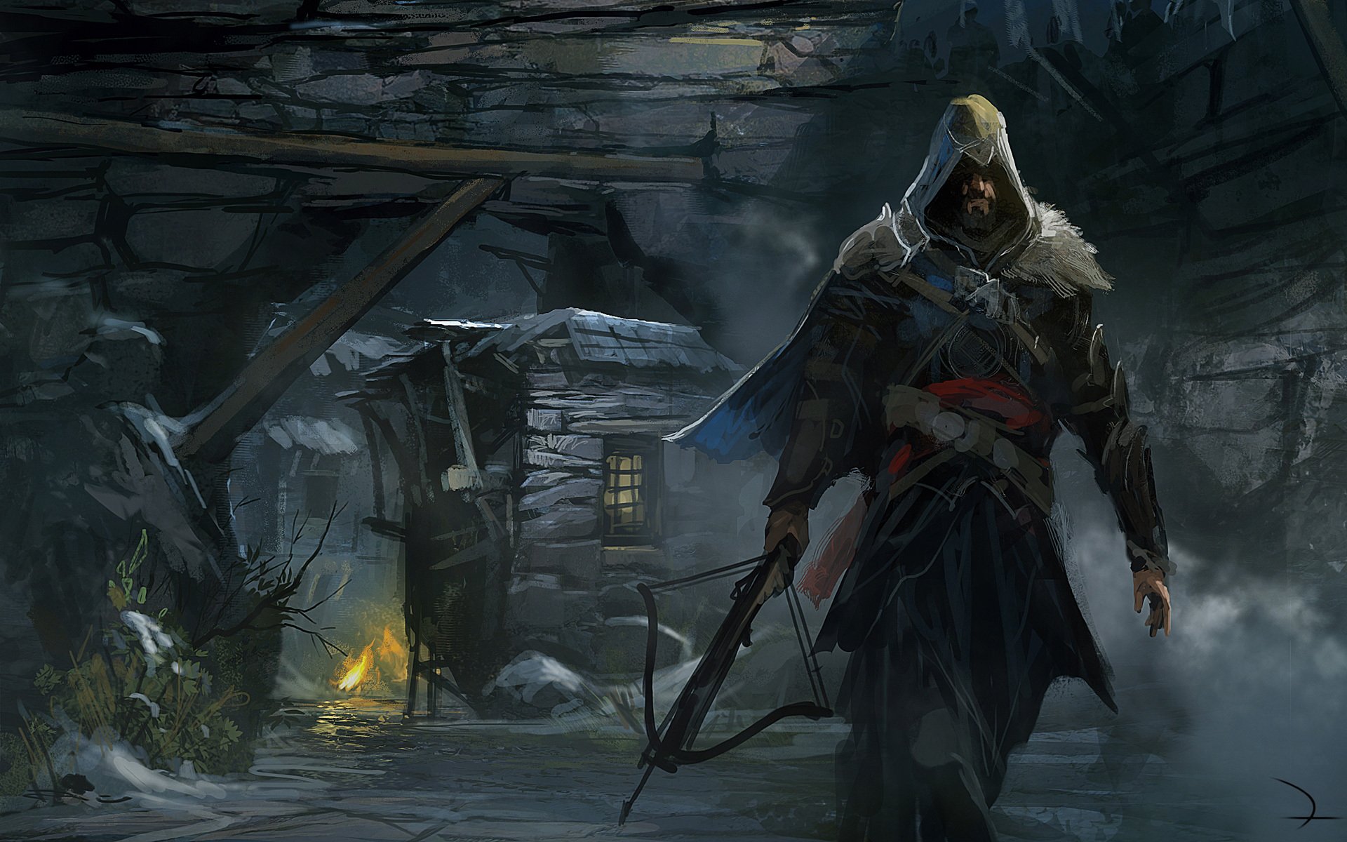 arte assassin s creed rivelazione uomo cappuccio balestra arma falò casa pietre grotta