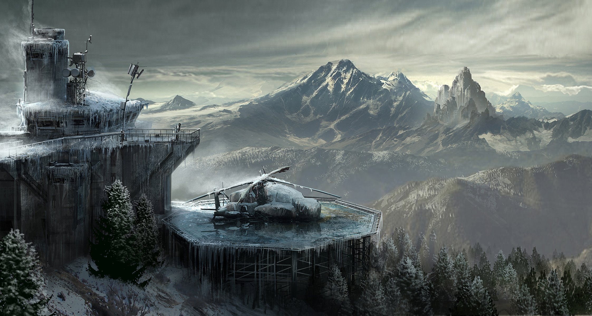 elevation : tomb raider lara croft art mountains forest snow machinery clouds sky