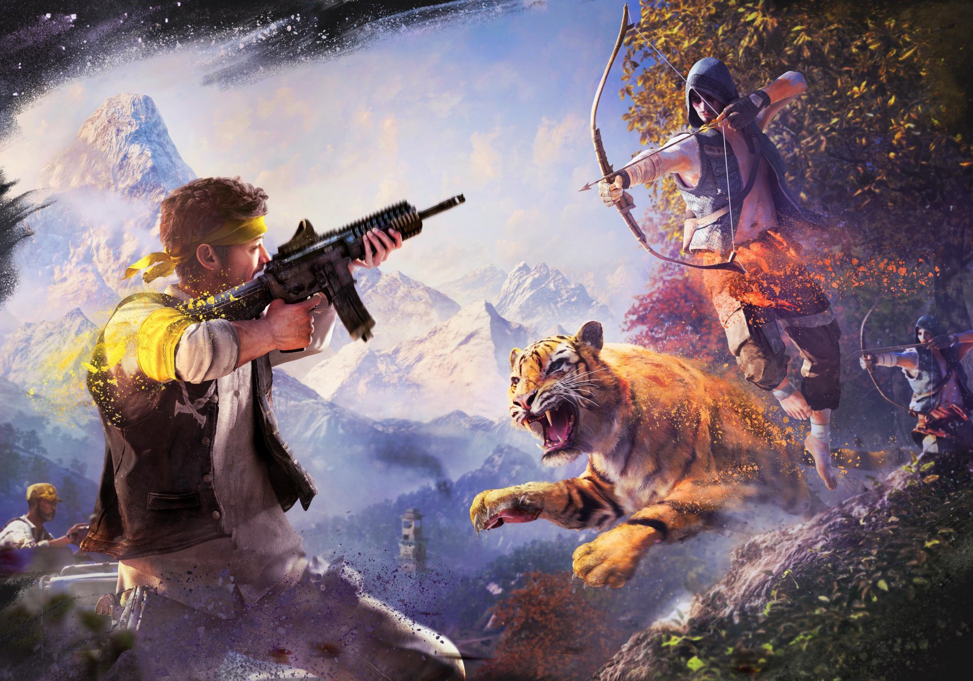 far cry 4 ubisoft waffen kirat tiger himmel wolken berge schnee pfeil bogen bäume farben rakshasa goldener weg