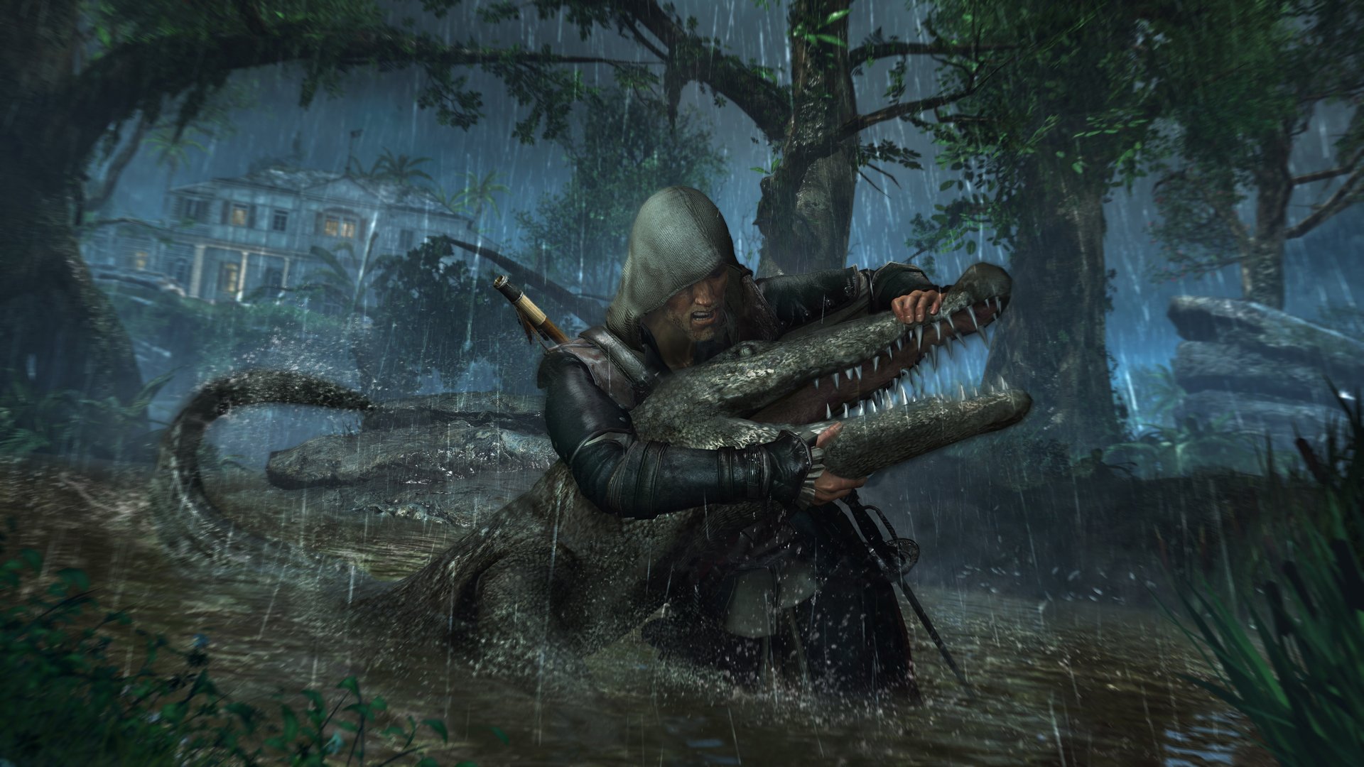 assassin s creed iv: black flag assassin pirates edward kenuey rain night house bog crocodile