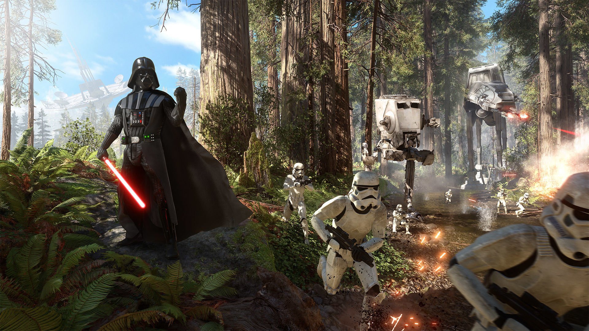 tar wars: battlefront darth vader spada laser blaster stormtrooper at-at foresta alberi cielo battaglia nuvole ea dice electronic art