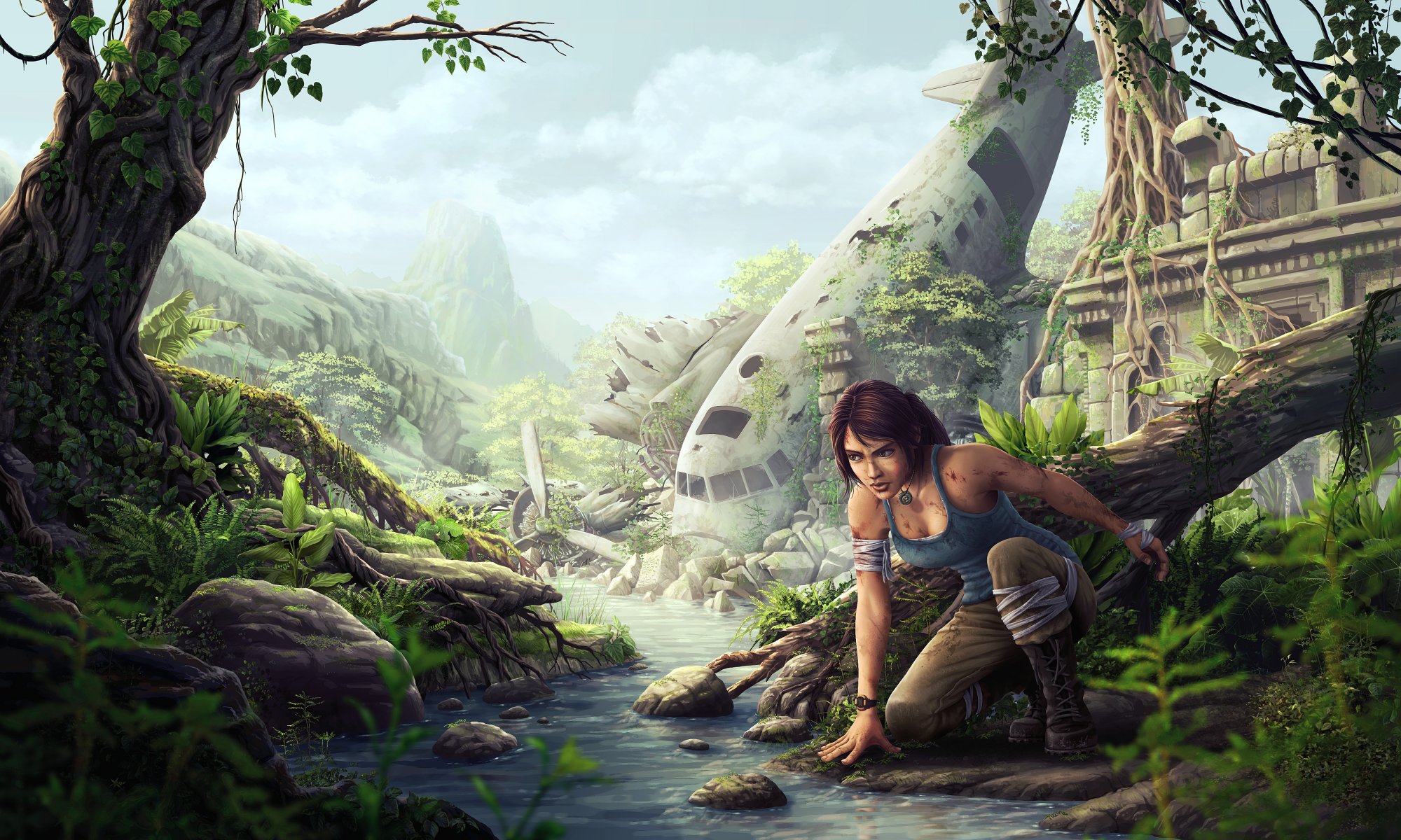 art tomb raider lara croft fille avion ruines squelette ruisseau rivière jungle