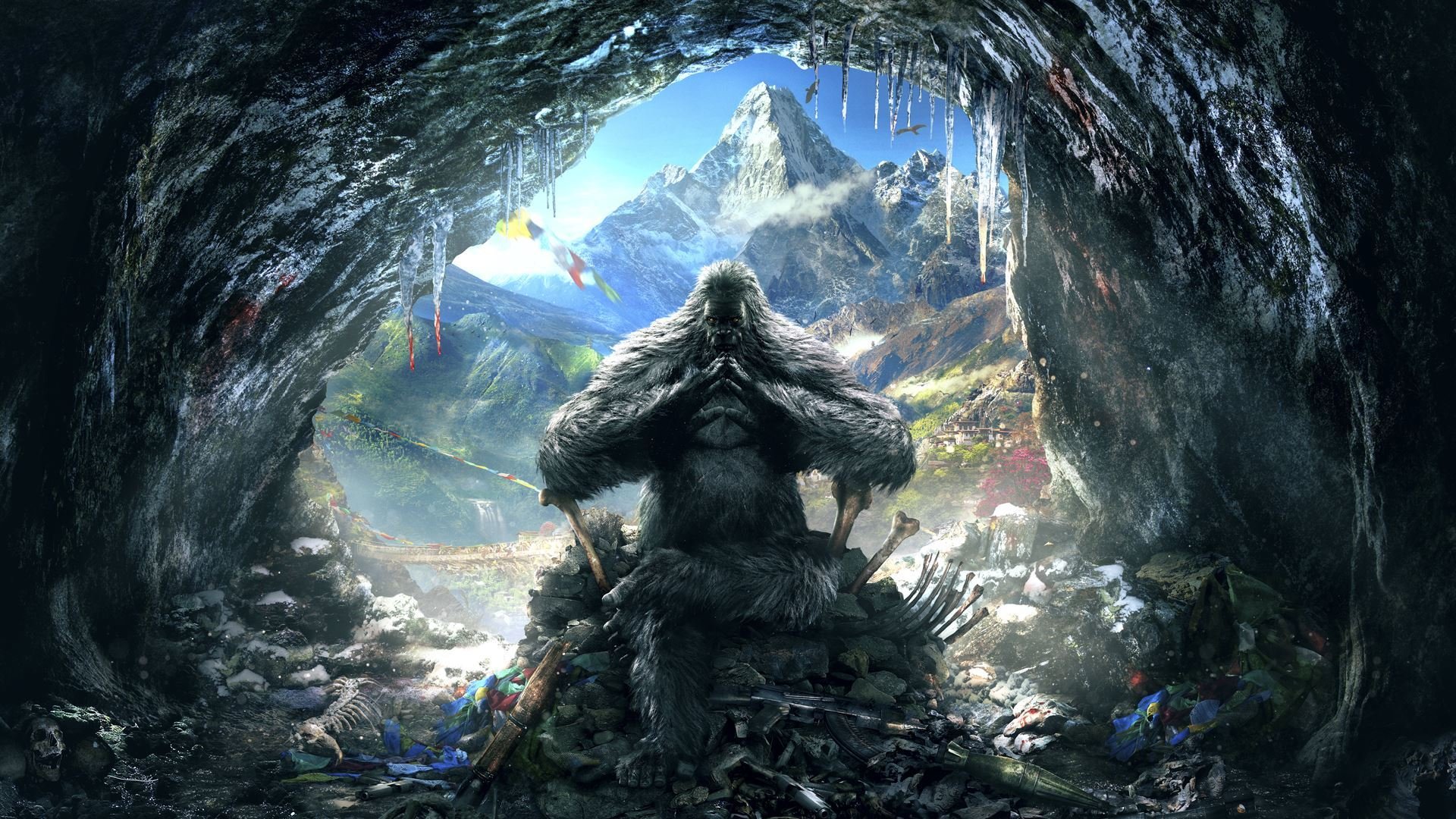 far cry 4 ubisoft chmury góry śnieg widok kirat goryl ptaki bigfoot futro jaskinia sople kości lód broń światło