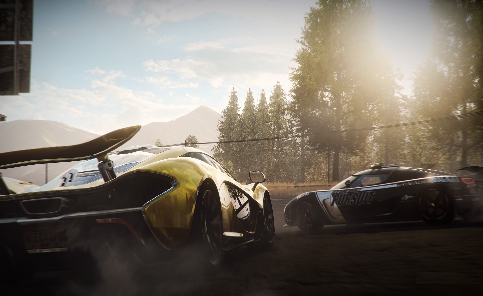 need for speed rivals mclaren p1 koenigsegg supercars race road forest smoke