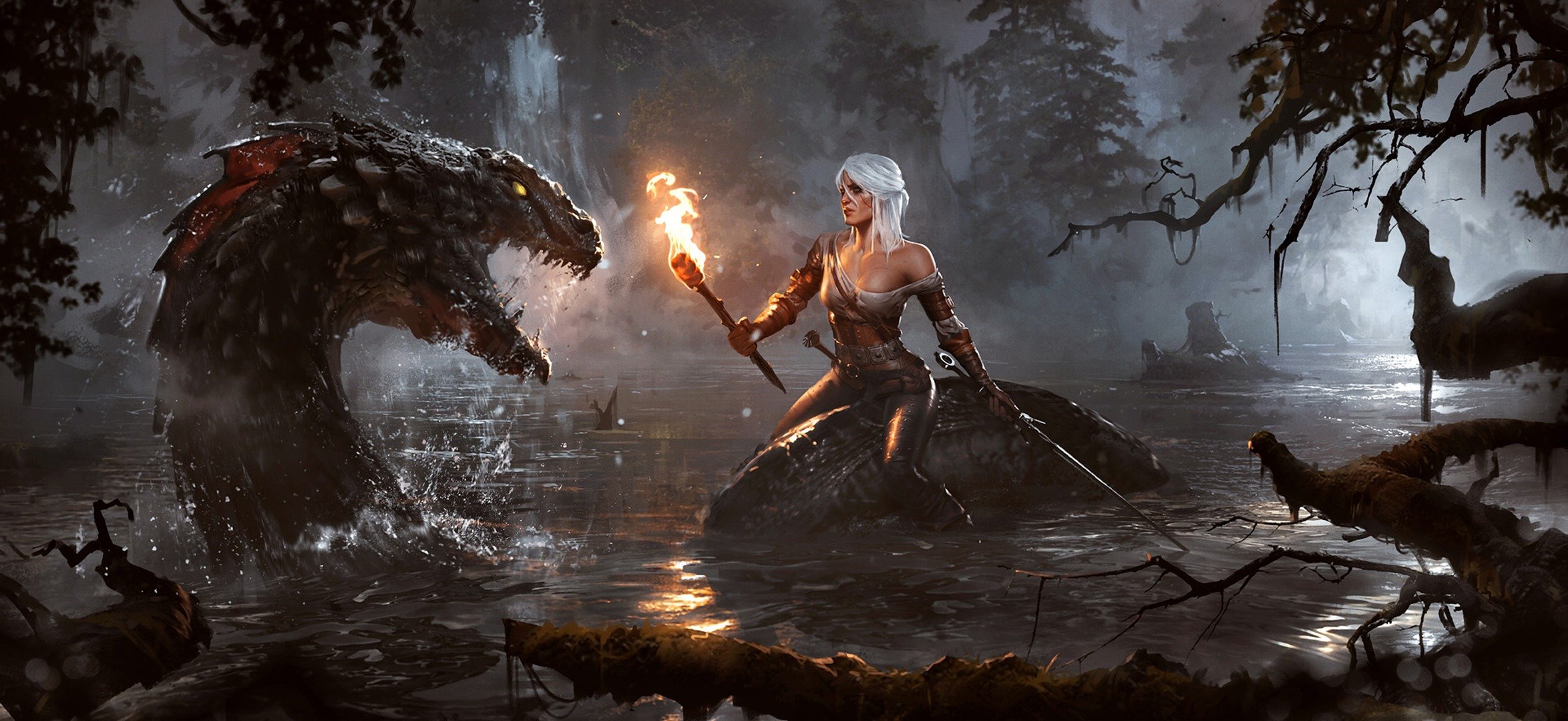 the witcher lion cub de cintra cirilla fiona hélène riannon ciri the witcher 3: chasse sauvage monstre lac eau torche femme épée nuit