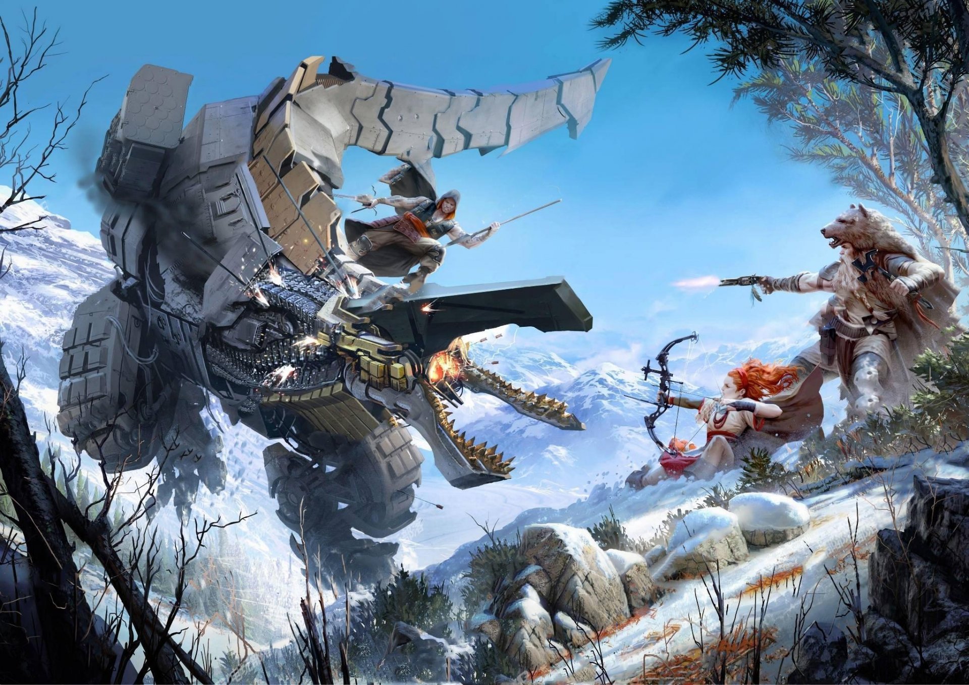 horizon: zéro aube sony computer entertainment guerrilla games playstation 4 robot chasseur arc fille arbres montagnes neige vue fourrure arme ciel chasse feu