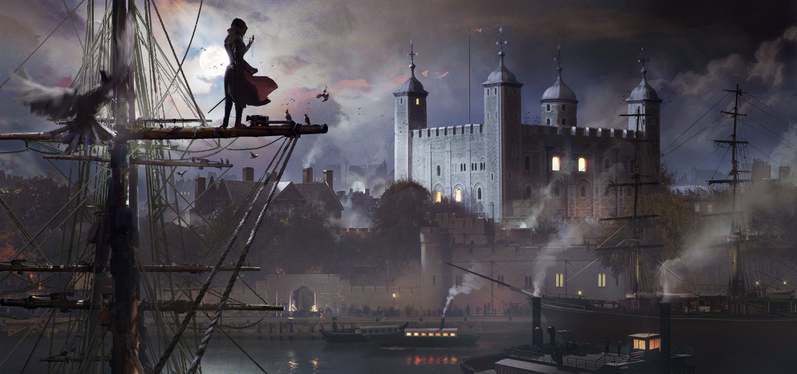 assassins creed : syndicate assassin s creed: syndikat ubisoft quebec syndikat syndicate kunst evie fry vögel gebäude rauch schiff mast himmel mädchen kathedrale mond wolken wasser