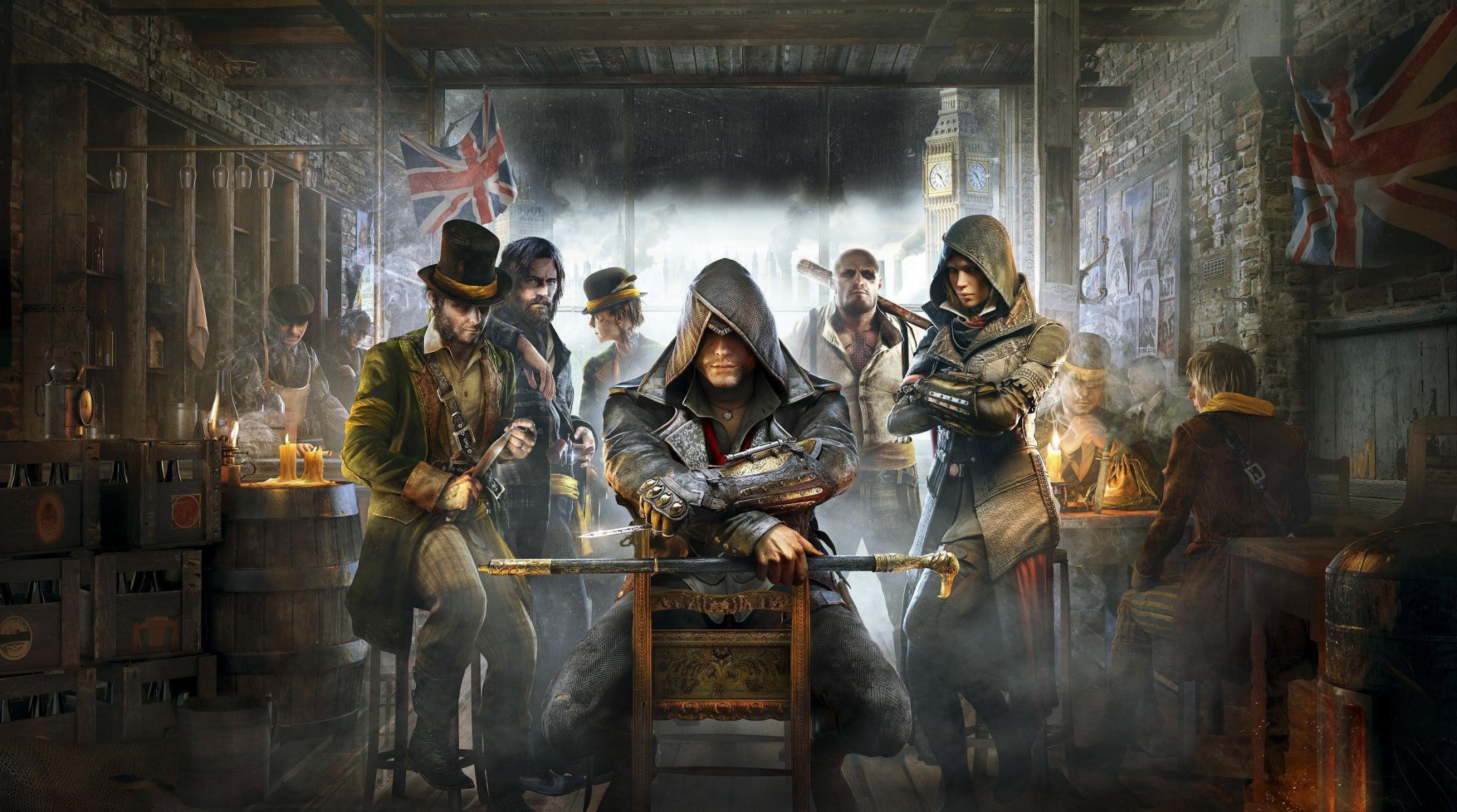 assassin s creed: syndicate assassini assassini spada bastone da passeggio cappuccio big ben taverna banda coltello cappello bandiera barile ragazza sorella sedia fumo candela bastone barba sguardo ubisoft quebec