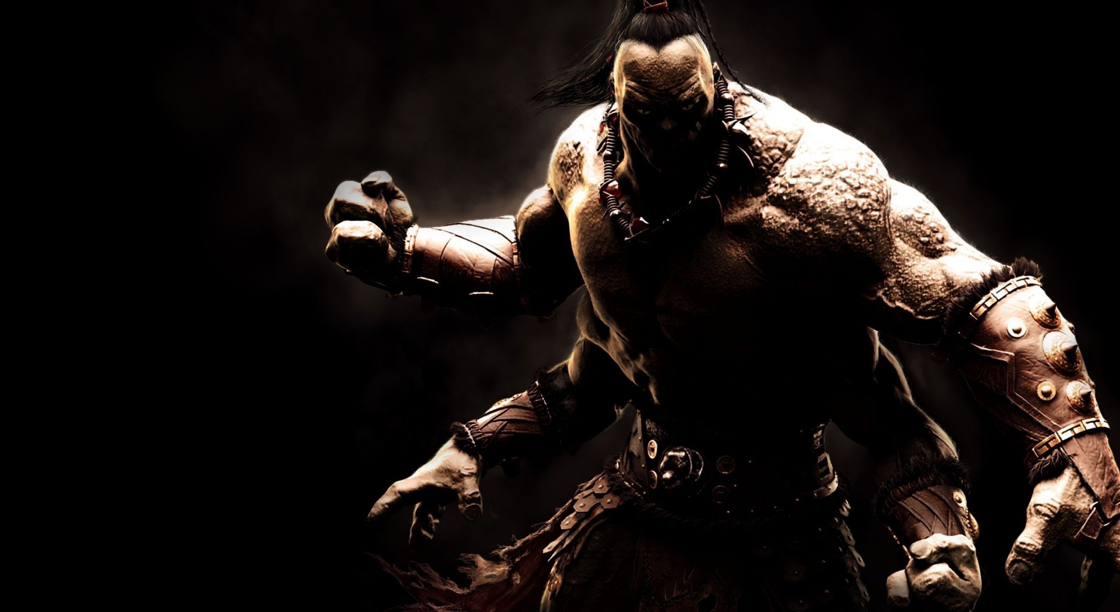 mortal kombat x goro mkx mk fürst der unterwelt vier hände muskulös lange haare pikant schlecht wolf hund gürtel kämpfer drei finger kragen haut tierhaut dunkelheit vertreter der dunkelheit spiel