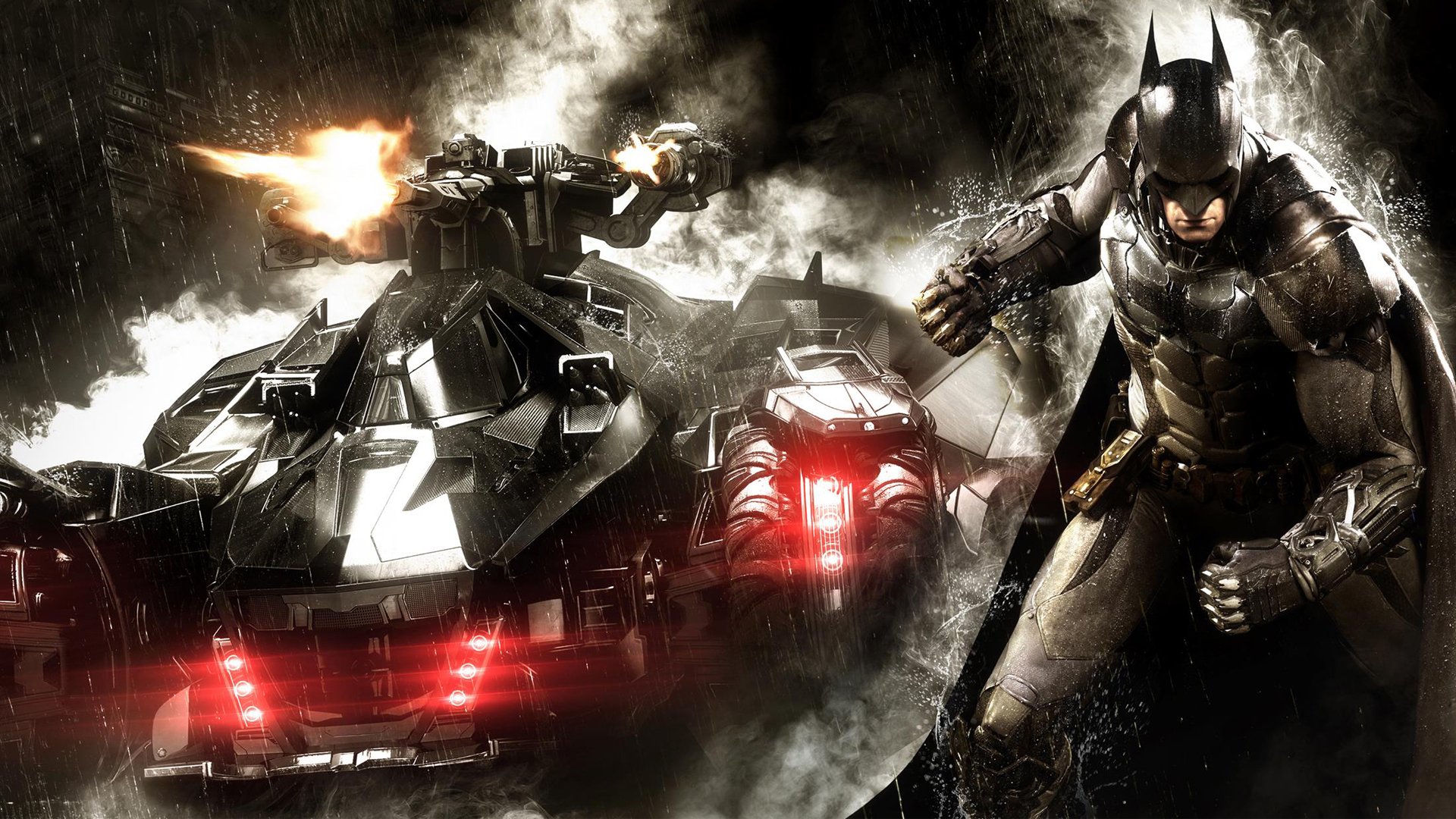 batman: arkham knight бэтмен: рыцарь аркхема брюс уэйн защитник боец броня экипировка бэтмобиль дым пушки плащ дождь rocksteady studios warner bros. interactive entertainment