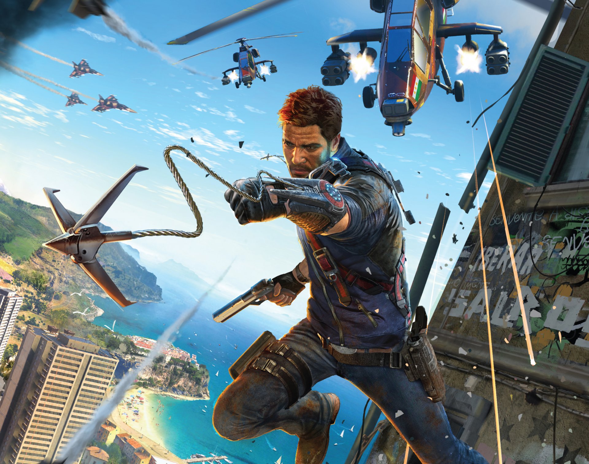 just cause 3 combate gancho armas isla agua cohete cielo avión casas avalanche studios square enix