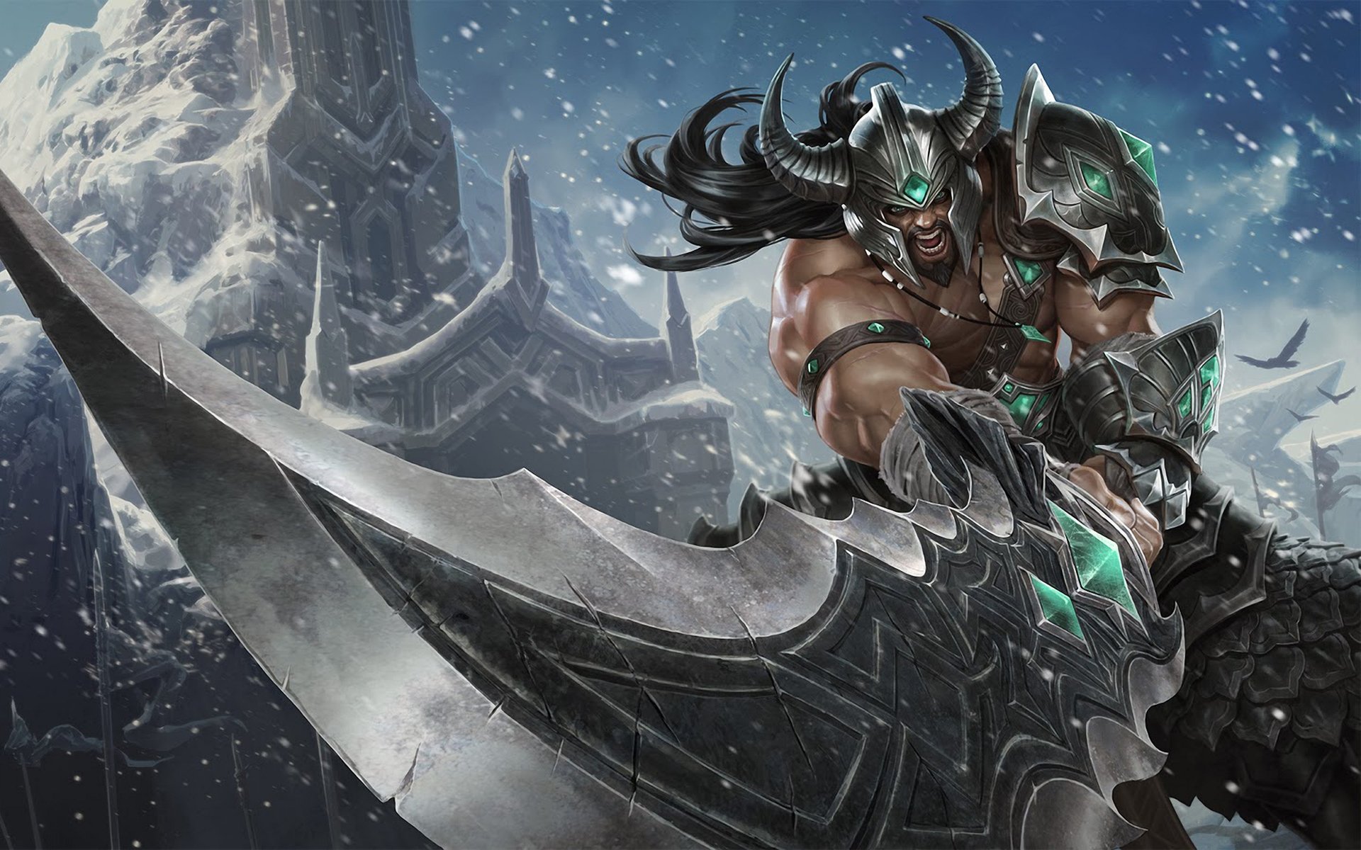 league of legends lol tryndamere guerrero armadura espada rocas nieve furia