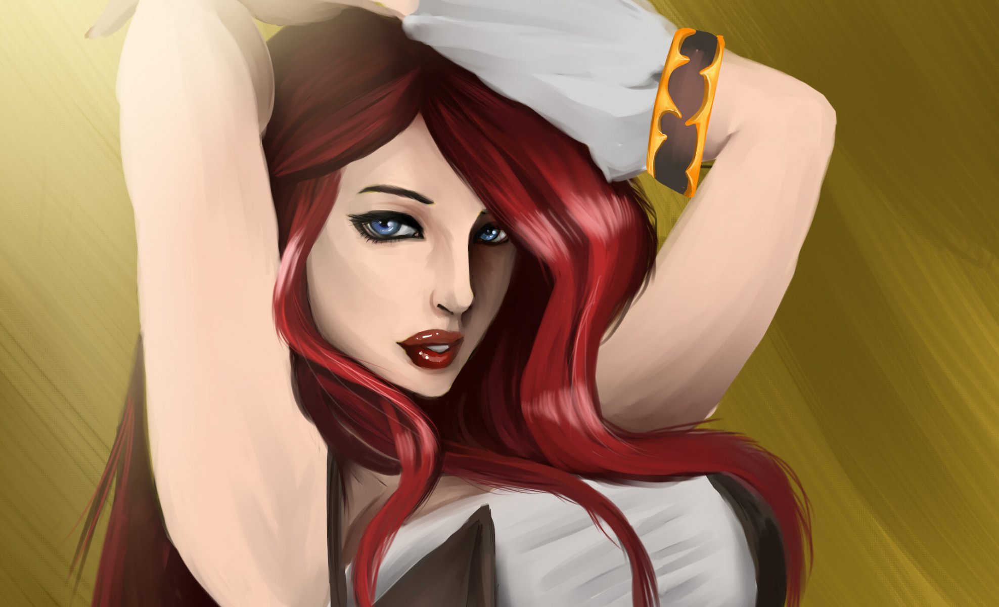 ligue des légendes miss fortune lol art fille cheveux rouge yeux bleus mains regard